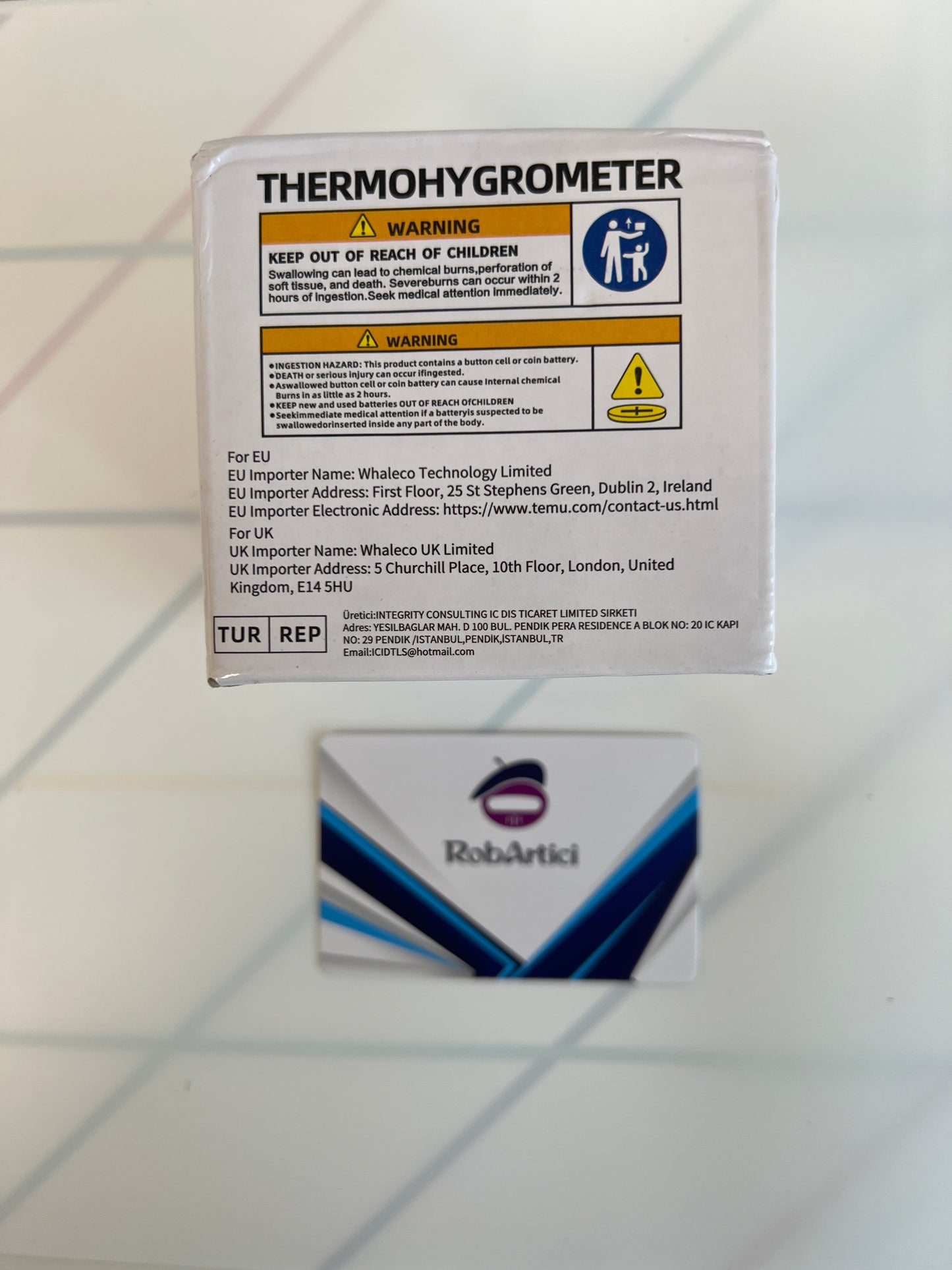 TP501 digital thermohygrometer retail packaging, showcasing product information. 