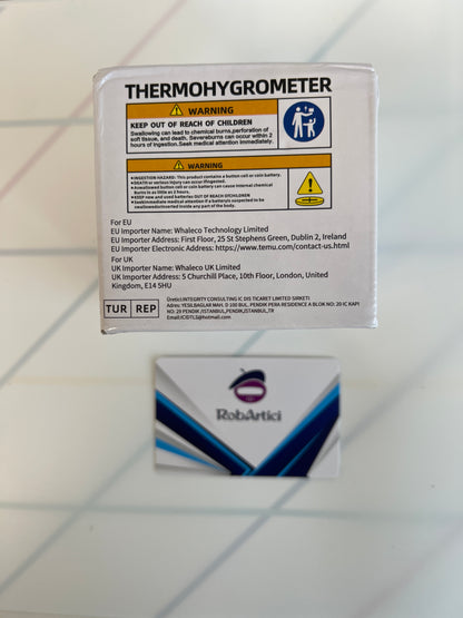 TP501 digital thermohygrometer retail packaging, showcasing product information. 