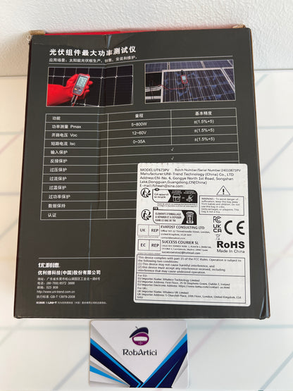 UT673PV solar MPPT meter retail packaging showcasing product information.