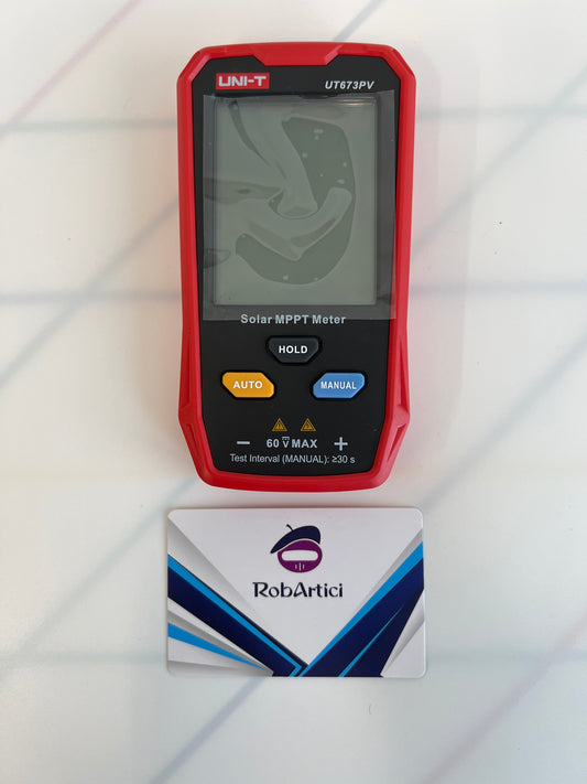 UT673PV solar MPPT meter measuring device front view, showcasing the large digital display monitor and control buttons.