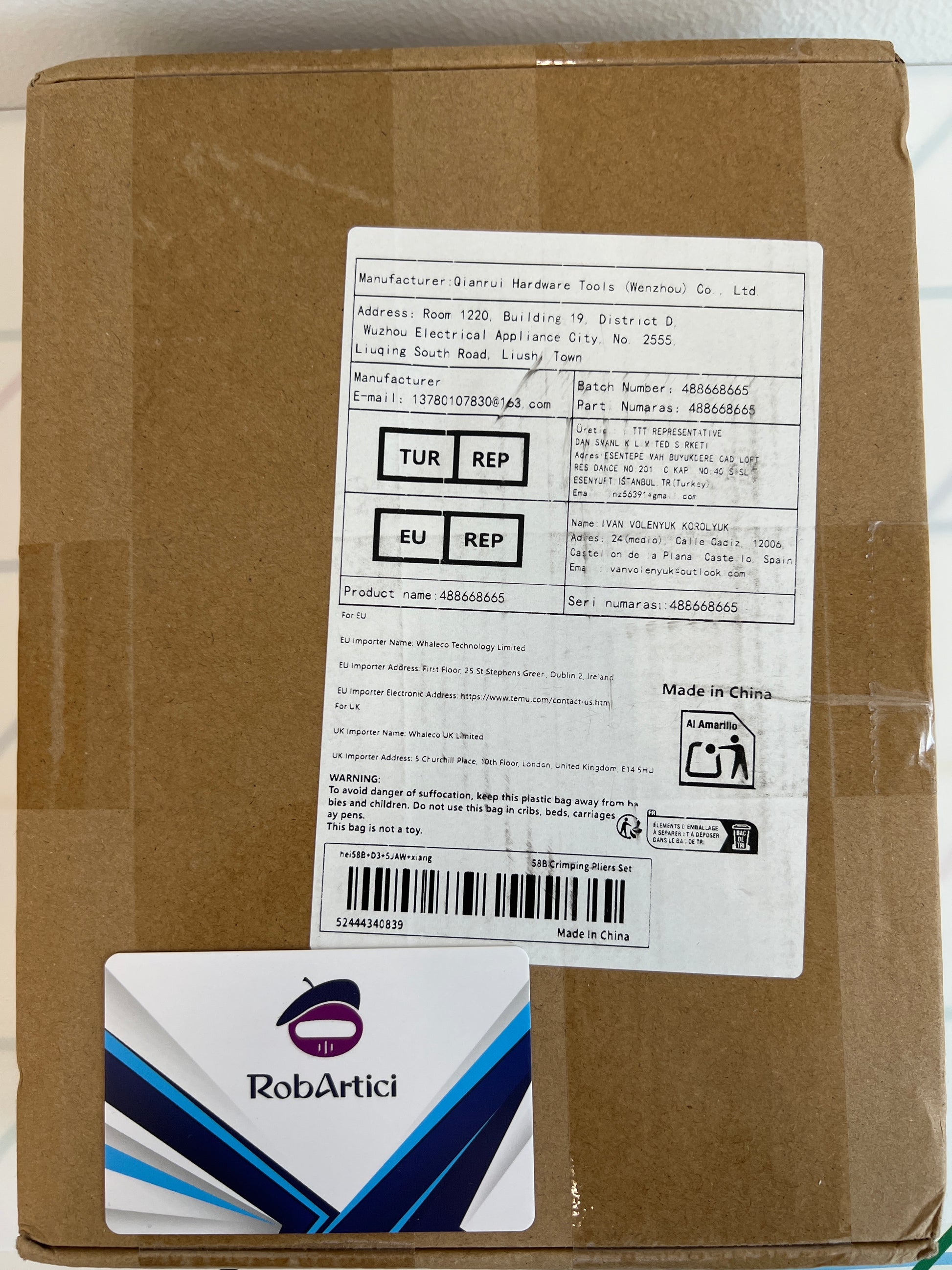 Crimping pliers tool set retail packaging showcasing product information.
