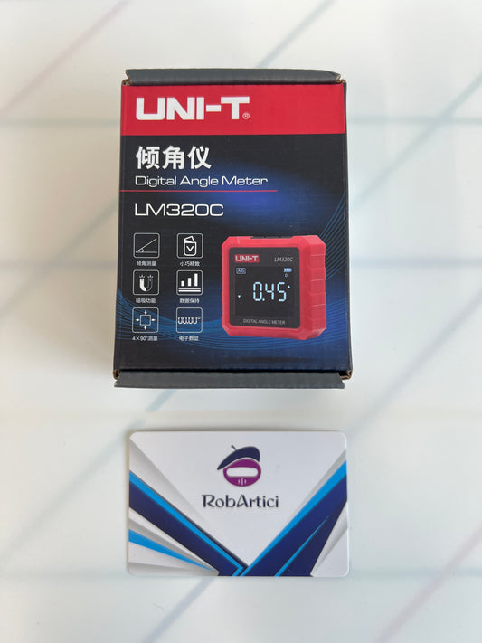 UNI-T LM320C digital angle meter view of retail packaging. 