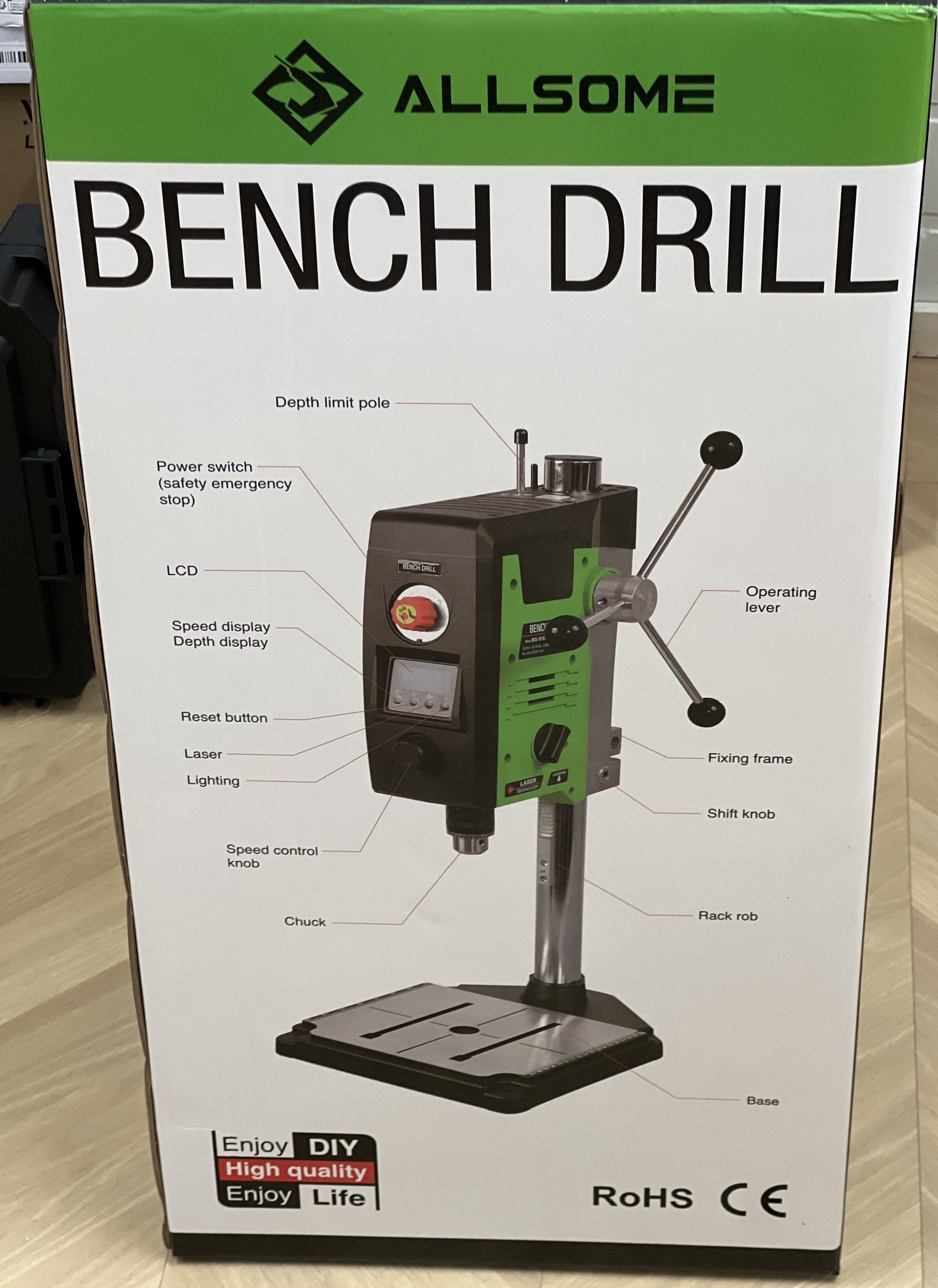 ALLSOME benchtop drill press machine 800W view of retail packaging.