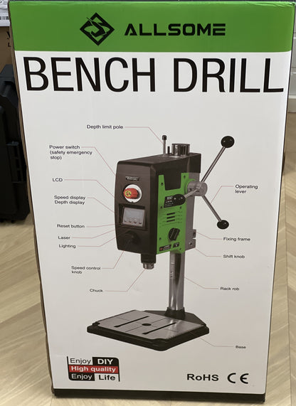 ALLSOME benchtop drill press machine 800W view of retail packaging.