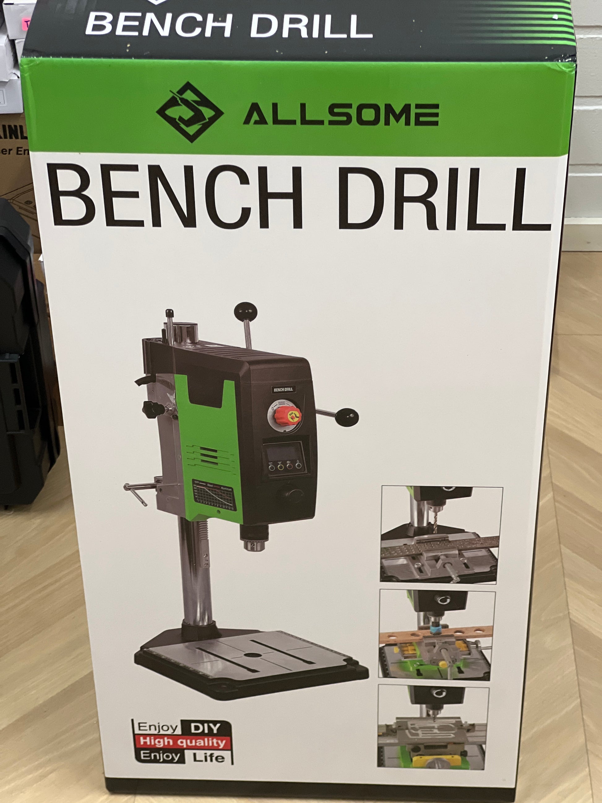 ALLSOME benchtop drill press machine 800W view of retail packaging.