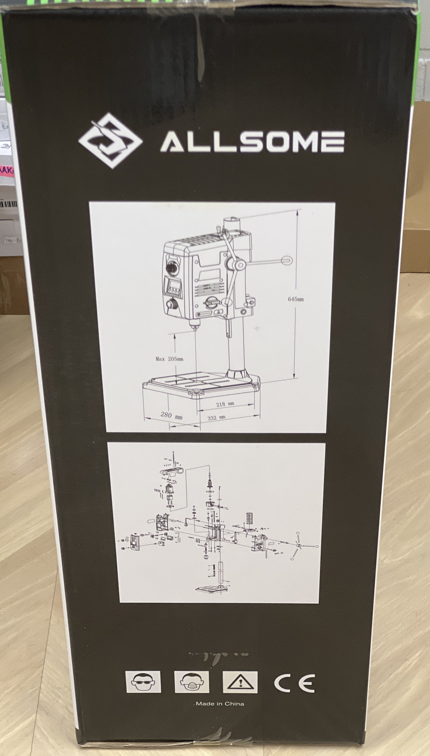 ALLSOME benchtop drill press machine 800W view of retail packaging.