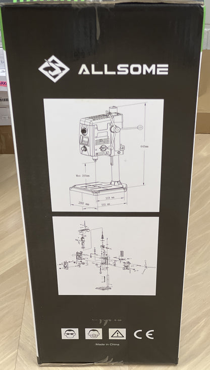 ALLSOME benchtop drill press machine 800W view of retail packaging.
